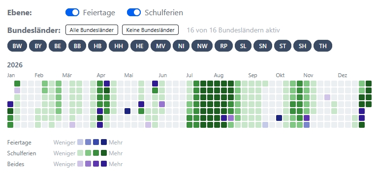 Vacation calendar with heatmap, federal-state filter and month labels