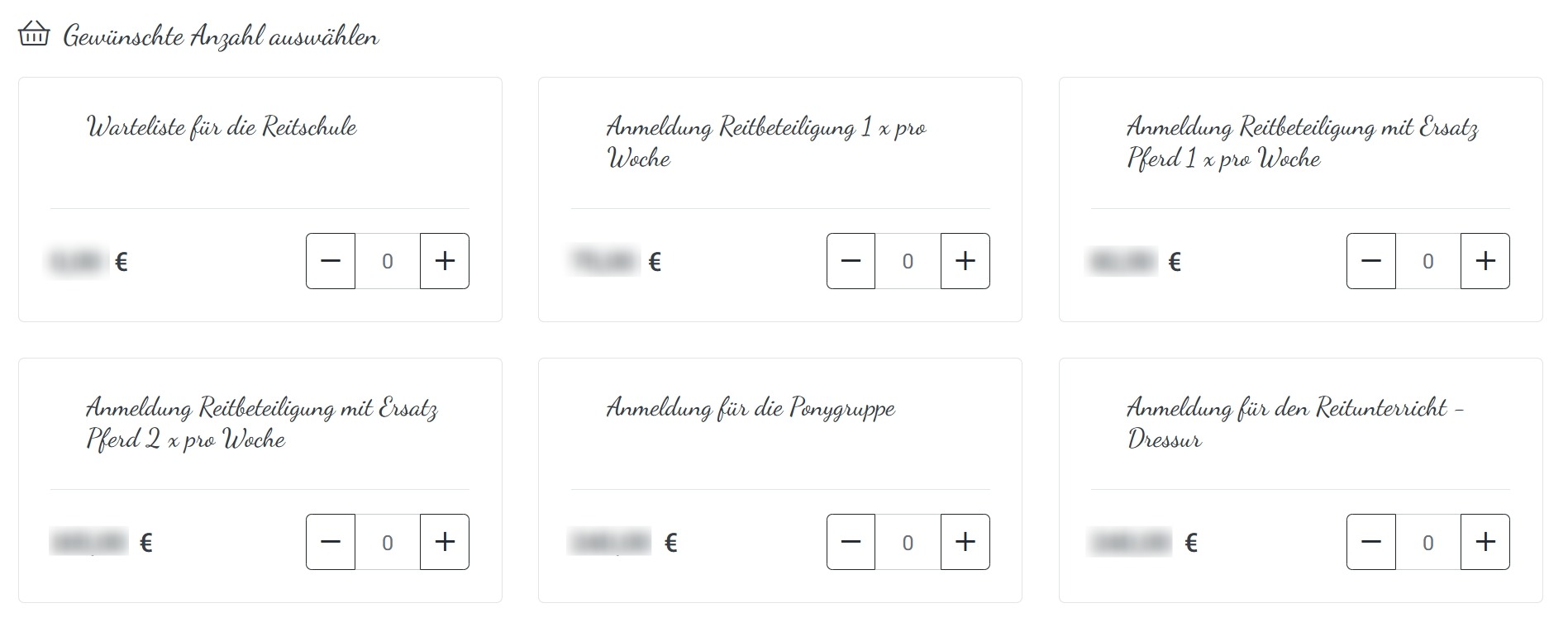 Screenshot von der Produktauswahl